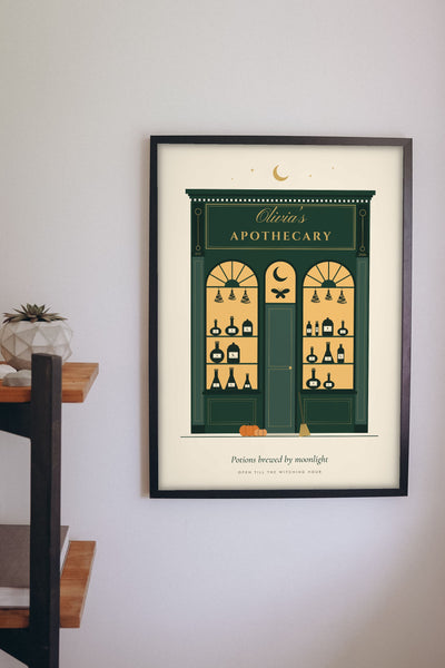 Personalised Witch Apothecary Sign Print - witch apothecary shopfront print on a kitchen wall