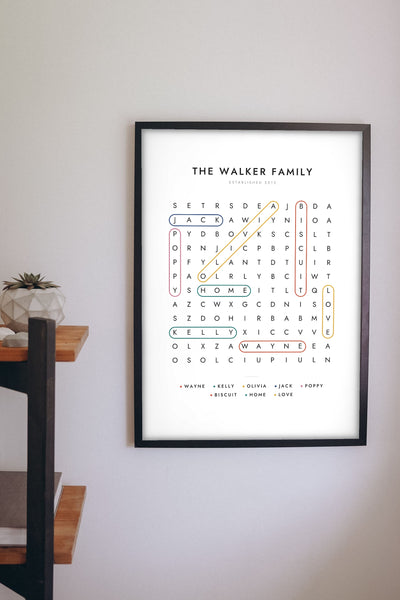 Personalised Word Search Print - family word search print on the hallway wall