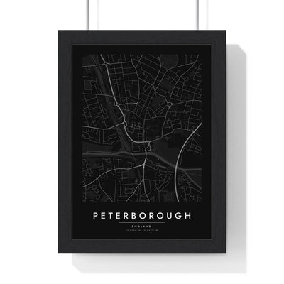 Peterborough street map poster in black, minimal city map print framed in a black frame