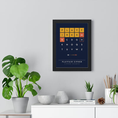 Playfair Cipher print framed on a living room wall