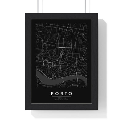 Porto street map poster in black, minimal city map print framed in a black frame