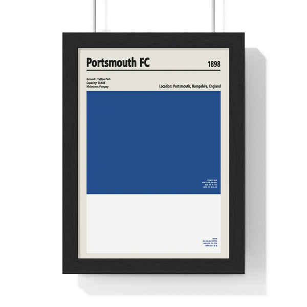 Framed Portsmouth FC colour swatch print in Poster Kingz black frame, displaying Pompey blue and white palette