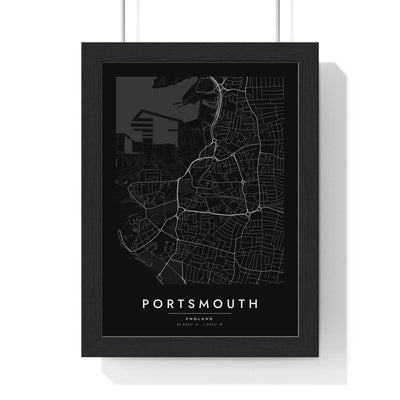 Portsmouth street map poster in black, minimal city map print framed in a black frame