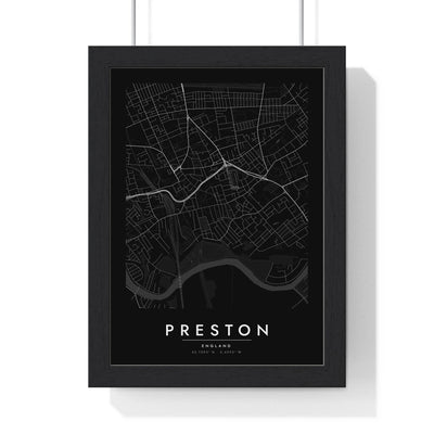 Preston street map poster in black, minimal city map print framed in a black frame