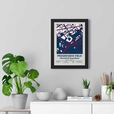 Progressive Field map print framed on a living room wall