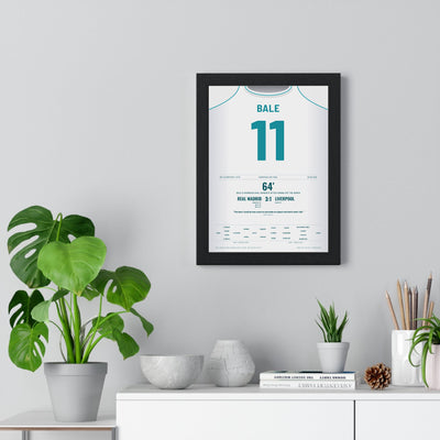 Real Madrid Champions League Final 2018 Poster - Gareth Bale 11 Overhead Kick Kyiv Shirt Print framed on a living room wall