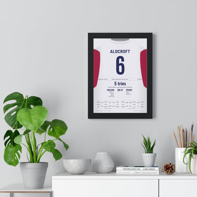 Red Roses Women's Rugby World Cup Semi-Final 2025 Poster - Zoe Aldcroft 6 Shirt Print framed on a living room wall