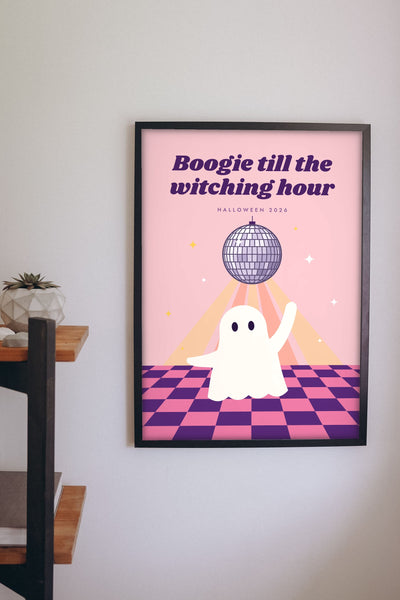 Retro Disco Ghost Halloween Print - disco ghost print on a living room wall