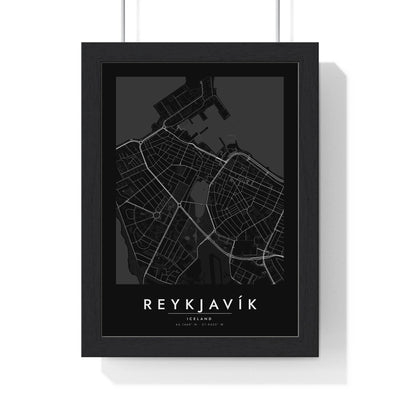 Reykjavík street map poster in black, minimal city map print framed in a black frame