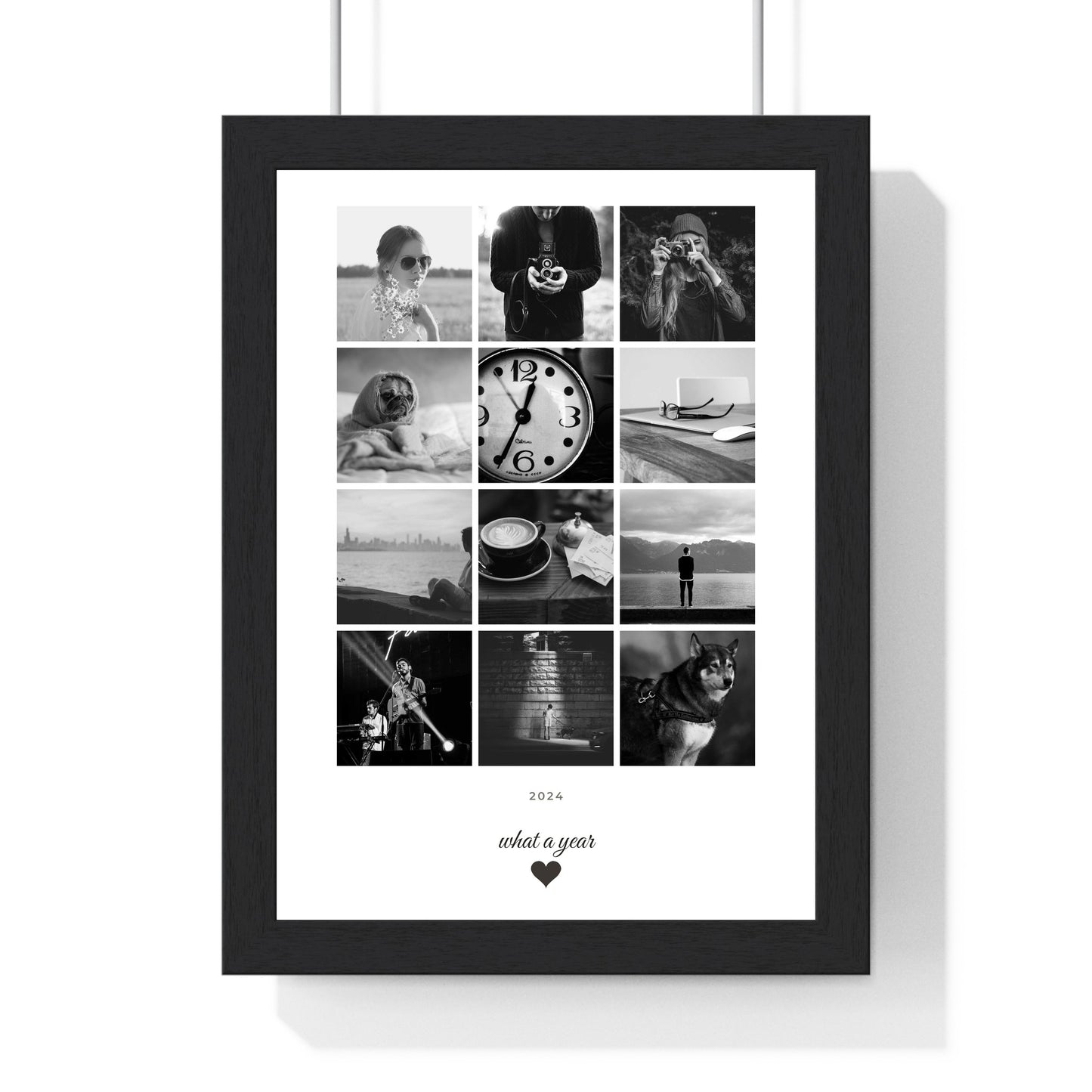 Close-up of personalised photo collage showing grid layout and flowing script message