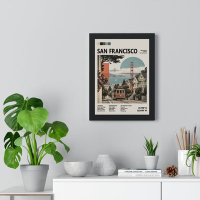 San Francisco Mid Century Travel print framed on a living room wall