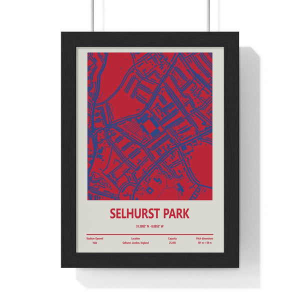 Selhurst Park stadium map print framed in black MDF with perspex front, showing red and blue Crystal Palace colours