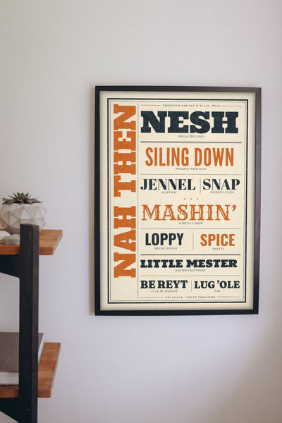 Sheffield Sayings Print framed on a wall