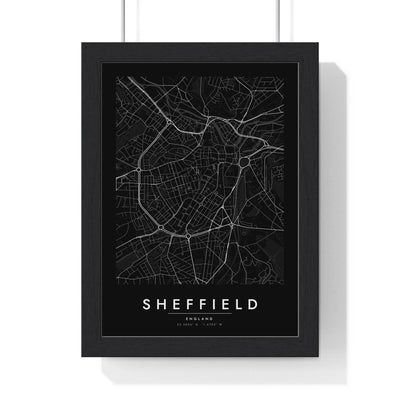 Sheffield street map poster in black, minimal city map print framed in a black frame