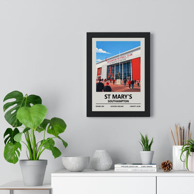 Framed Southampton St Mary's Stadium poster displayed on living room wall