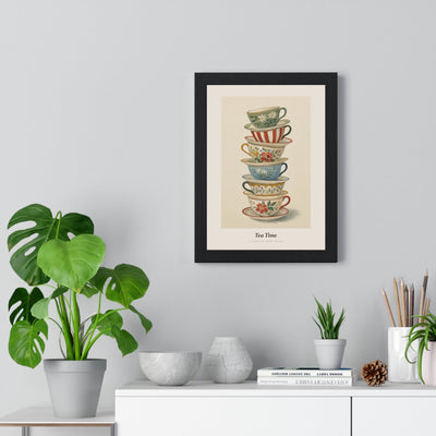 Stacked Teacups Print framed on a living room wall