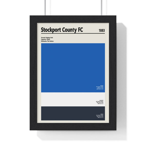 Stockport County FC colour swatch print framed showing blue, white and navy team colours