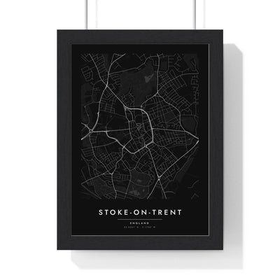 Stoke-on-Trent street map poster in black, minimal city map print framed in a black frame