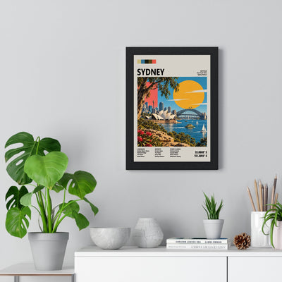 Sydney Mid Century Travel print framed on a living room wall