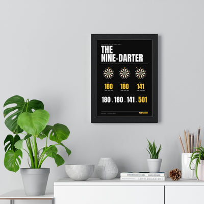 The Nine-Darter Darts print framed on a living room wall