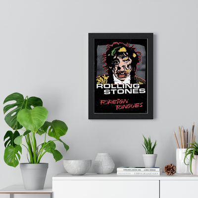 The Rolling Stones Foreign Tongues Maxi Poster framed on a living room wall above a sideboard