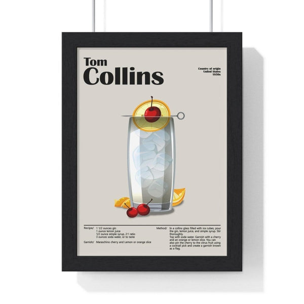 Tom Collins cocktail poster framed in black frame, minimalist drink design for kitchen bar wall art