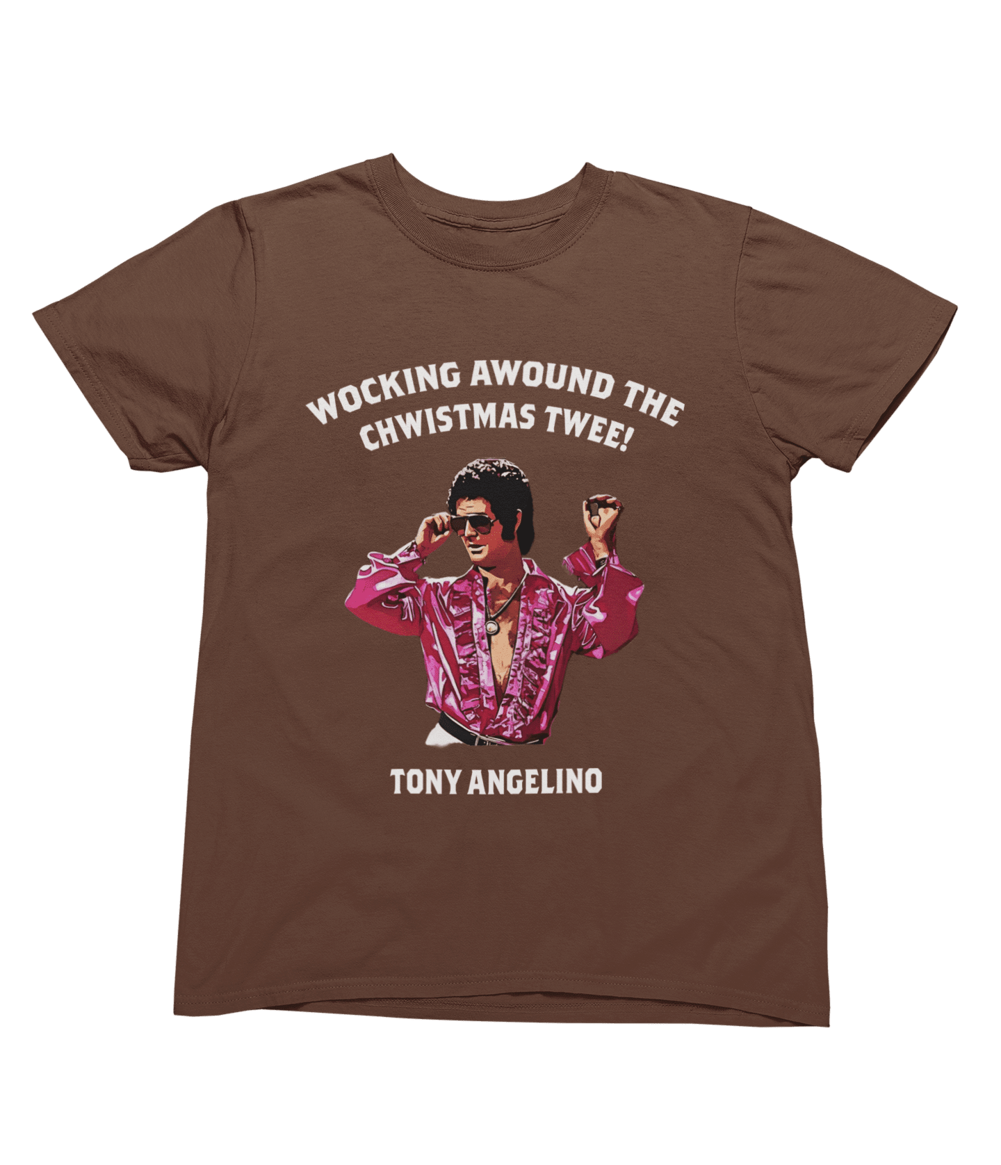 Blue t-shirt with Tony Angelino Christmas Jumper Only Fools and Horses Parody wall display