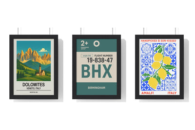 Build Your Own Travel Poster Set - set of Dolomites Poster, Birmingham Boarding Pass Poster – Minimal Travel Print, Amalfi Italy Lemon Poster Handpicked Sun Kissed Travel Gift