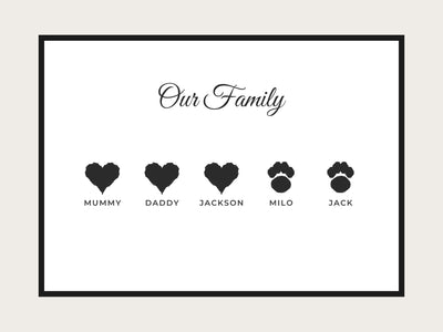 Personalised family balloon print framed on bedroom wall showing custom heart balloons with names