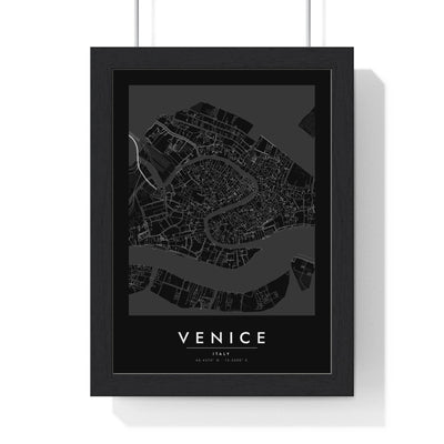 Venice street map poster in black, minimal city map print framed in a black frame