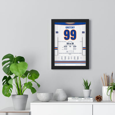 Wayne Gretzky 1981 50 Goals in 39 Games Poster - Edmonton Oilers 99 Hockey Jersey Print framed on a living room wall