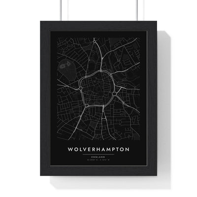 Wolverhampton street map poster in black, minimal city map print framed in a black frame