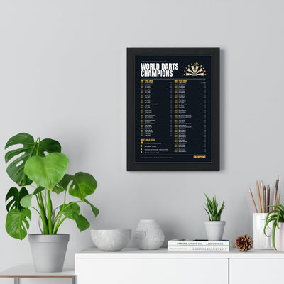 World Darts Champions print framed on a living room wall