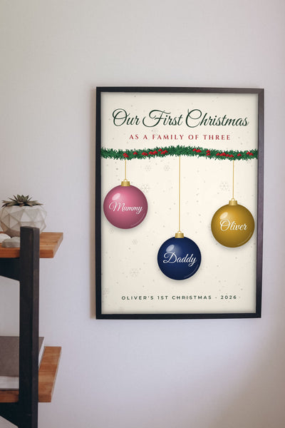 Personalised Our First Christmas as a Family Print - on the living room wall