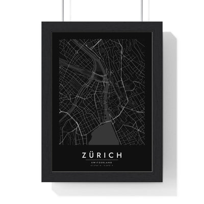 Zürich street map poster in black, minimal city map print framed in a black frame