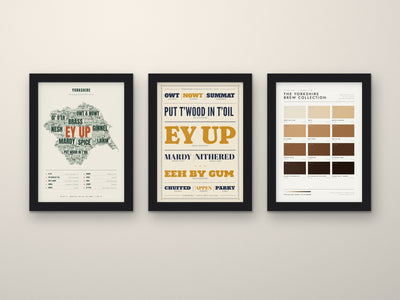 Yorkshire sayings set of 3 prints: word map, letterpress print and brew colour chart