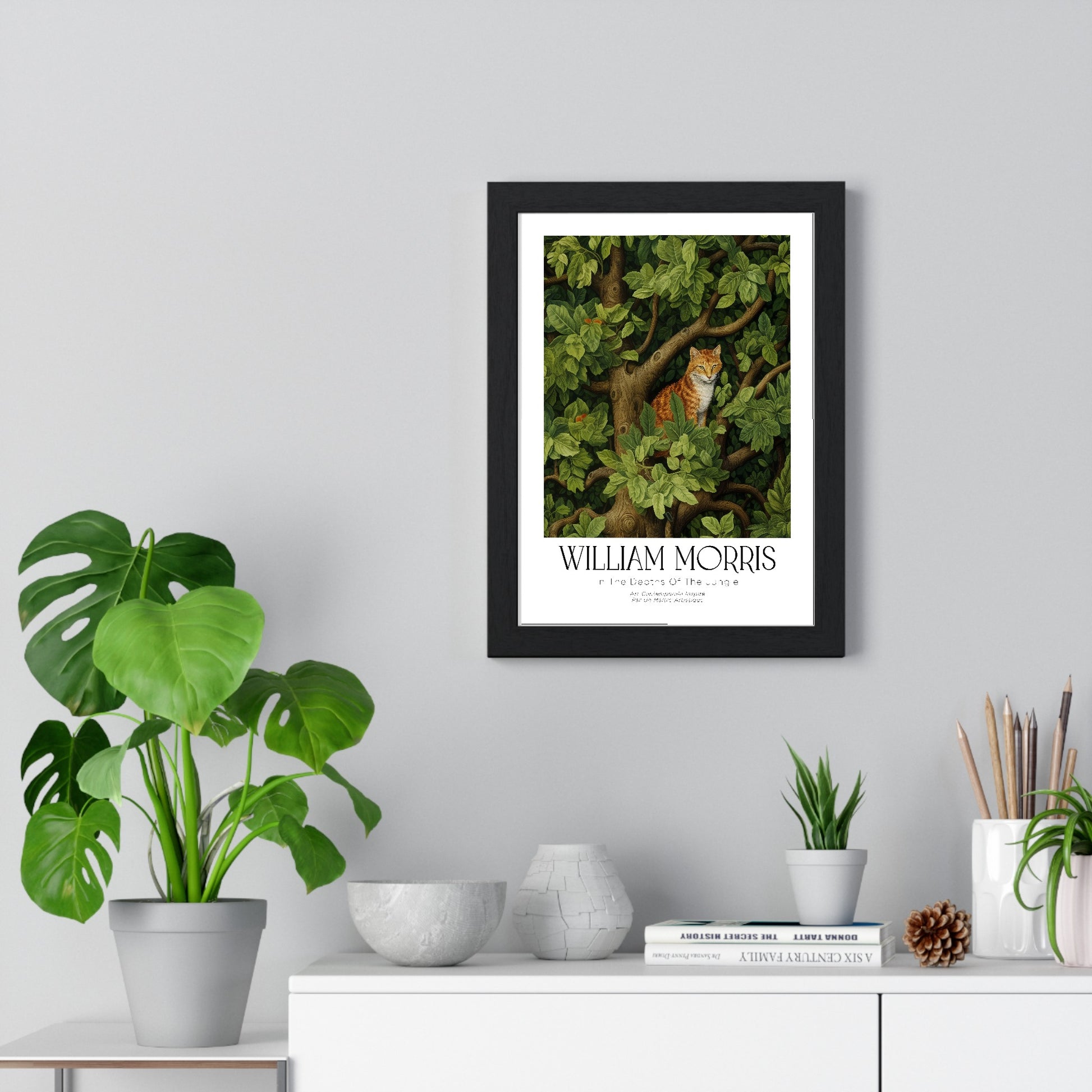 11x14-02 framed poster displayed on living room wall above furniture