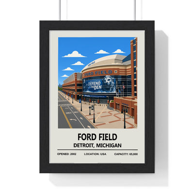 Ford Field stadium poster framed in black wood frame wall art