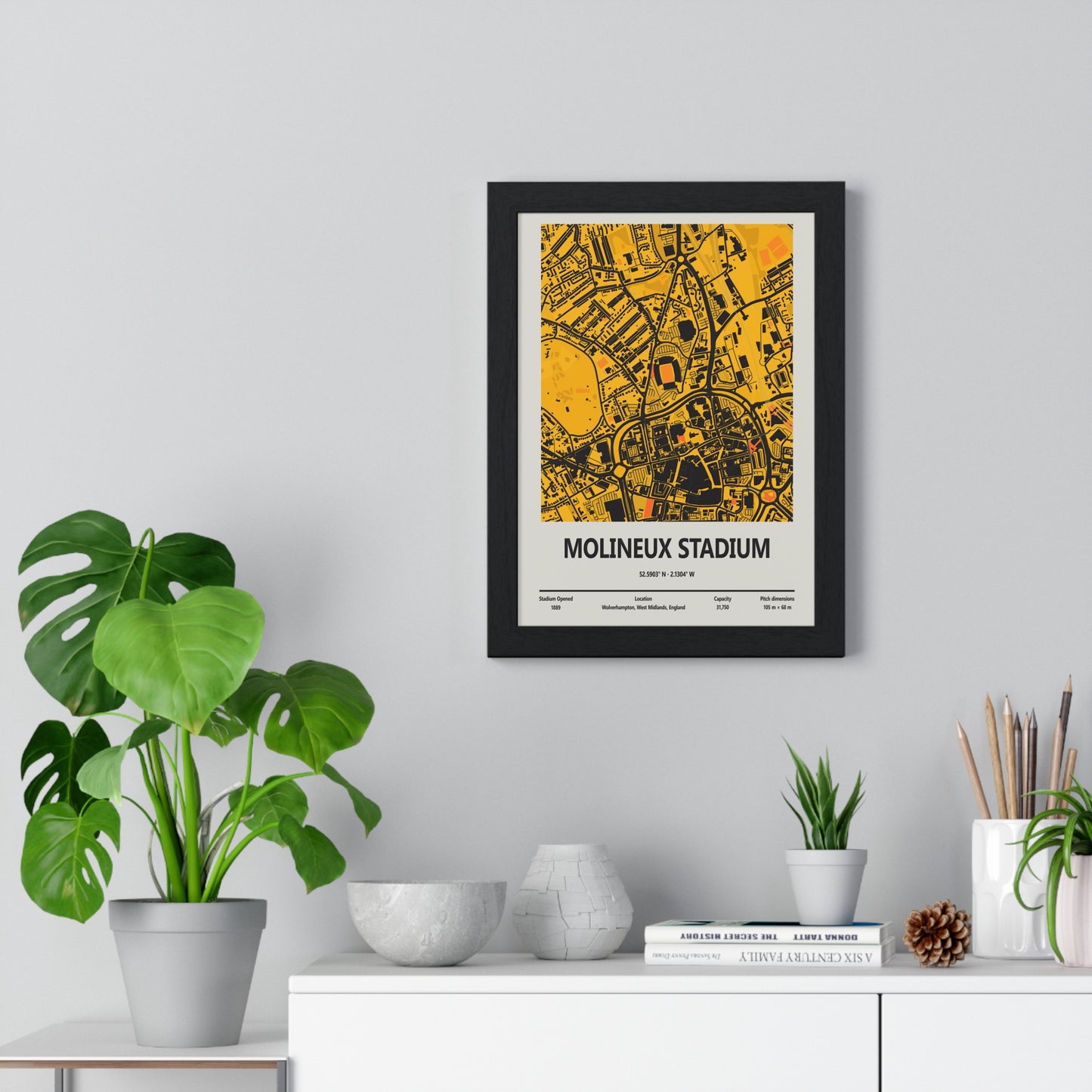Stylised Molineux Stadium street map poster in Wolves colours