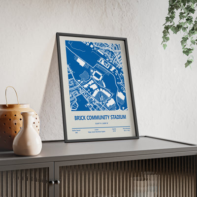 Stylised Brick Community Stadium map poster in blue tones