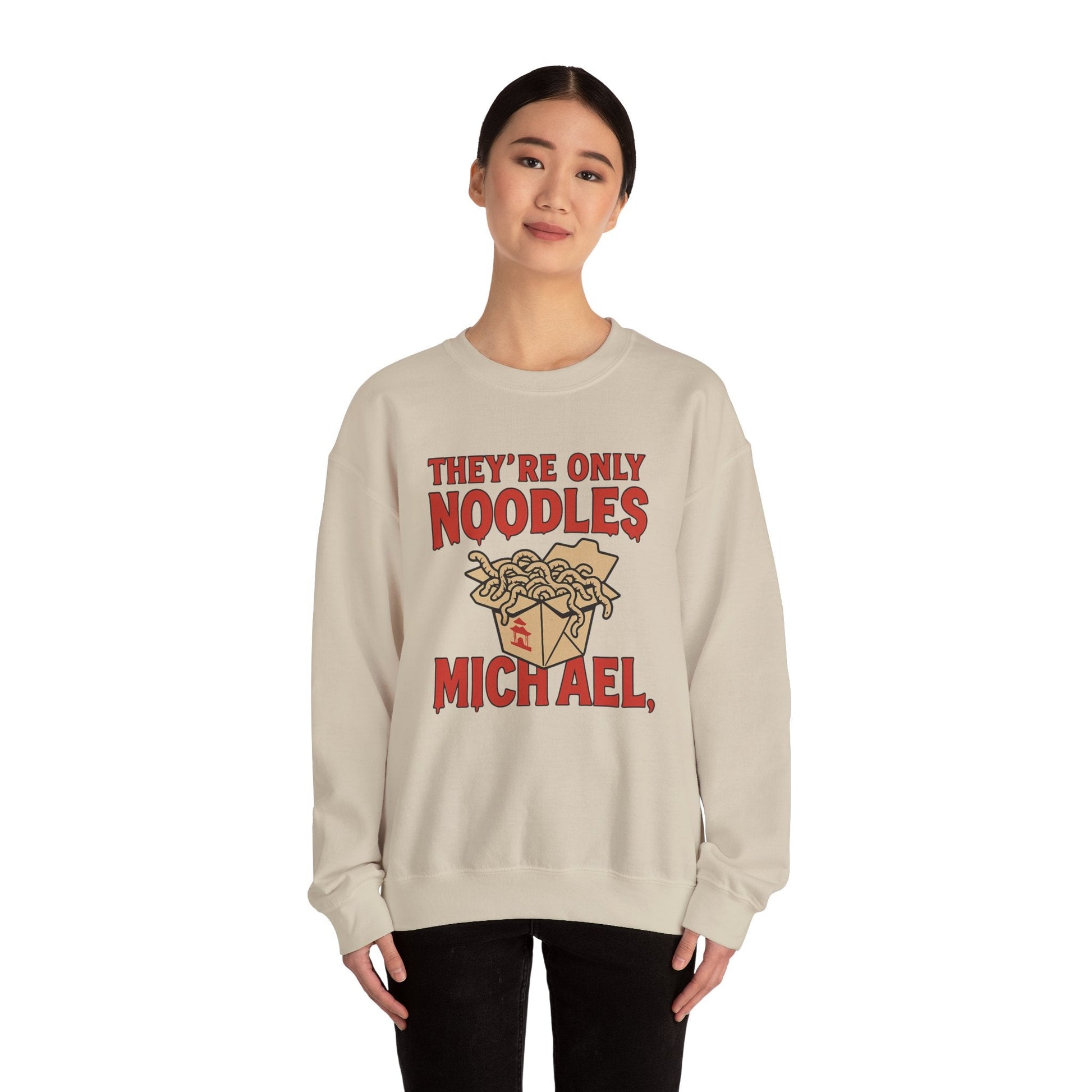 White t-shirt with They're Only Noodles Michael Sweatshirt Horror Movie Parody