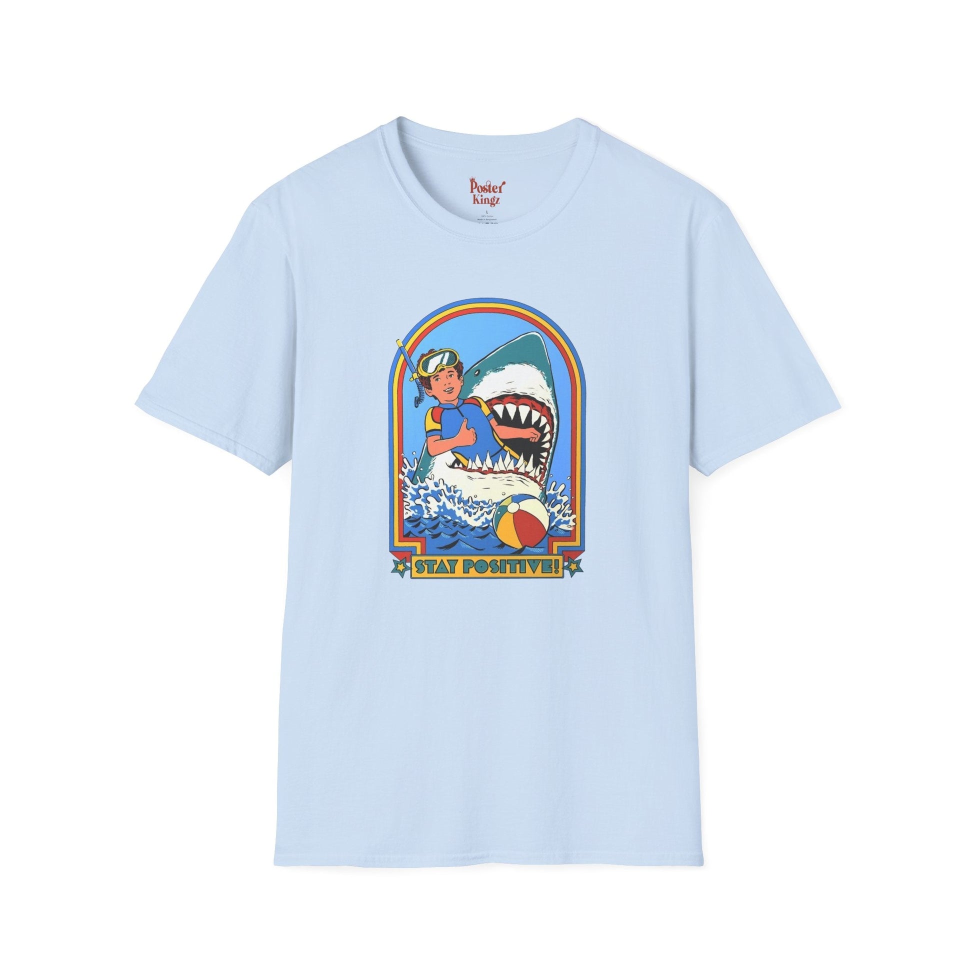 Black t-shirt with Stay Positive Dark Humour Shark