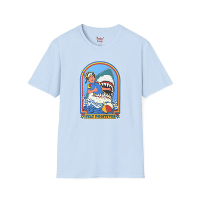 Black t-shirt with Stay Positive Dark Humour Shark
