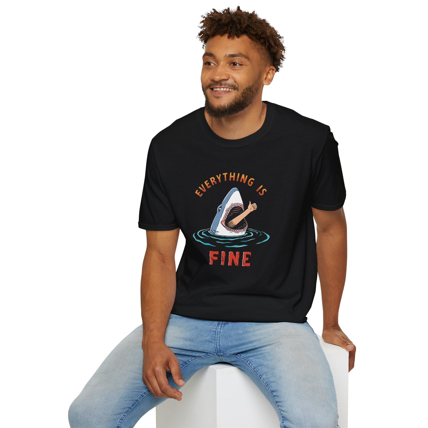 Navy t-shirt with Everything Is Fine Dark Humour Shark