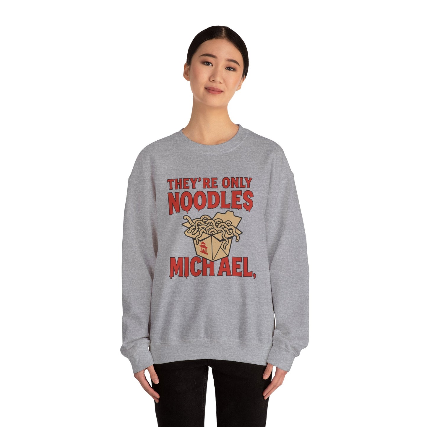 Black t-shirt with They're Only Noodles Michael Sweatshirt Horror Movie Parody