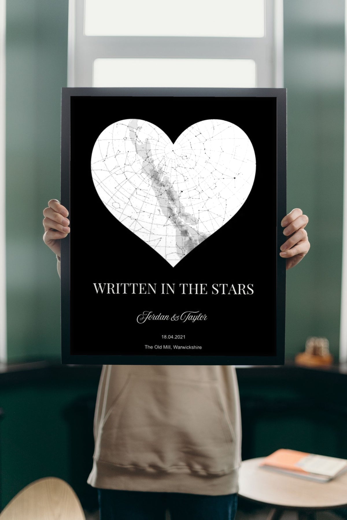 Lifestyle - Personalised Heart Star Map Print held up in a bright room