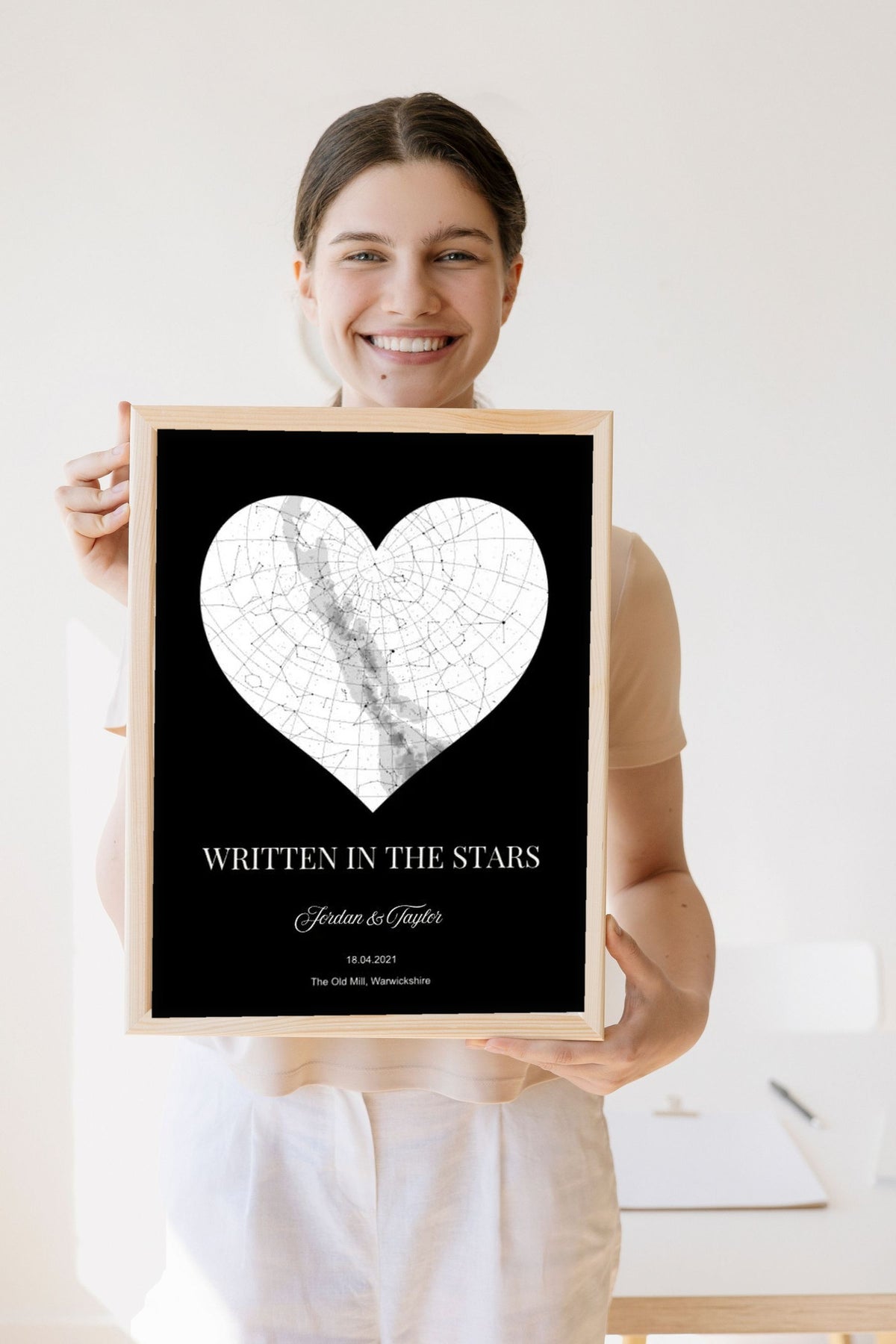 Lifestyle - Personalised Heart Star Map Print held by a smiling woman