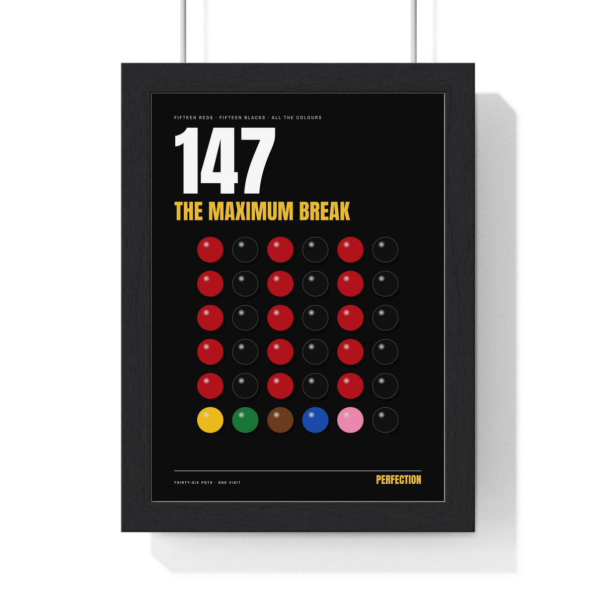 147 Snooker print framed in a black frame, ready to hang