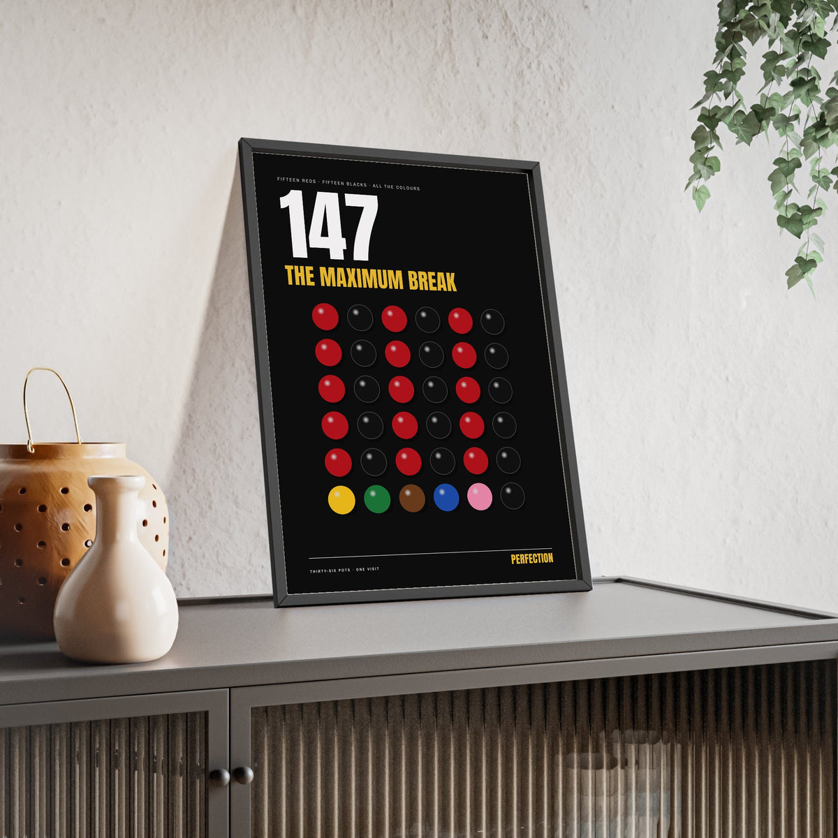 147 Snooker print framed and leaning on a sideboard