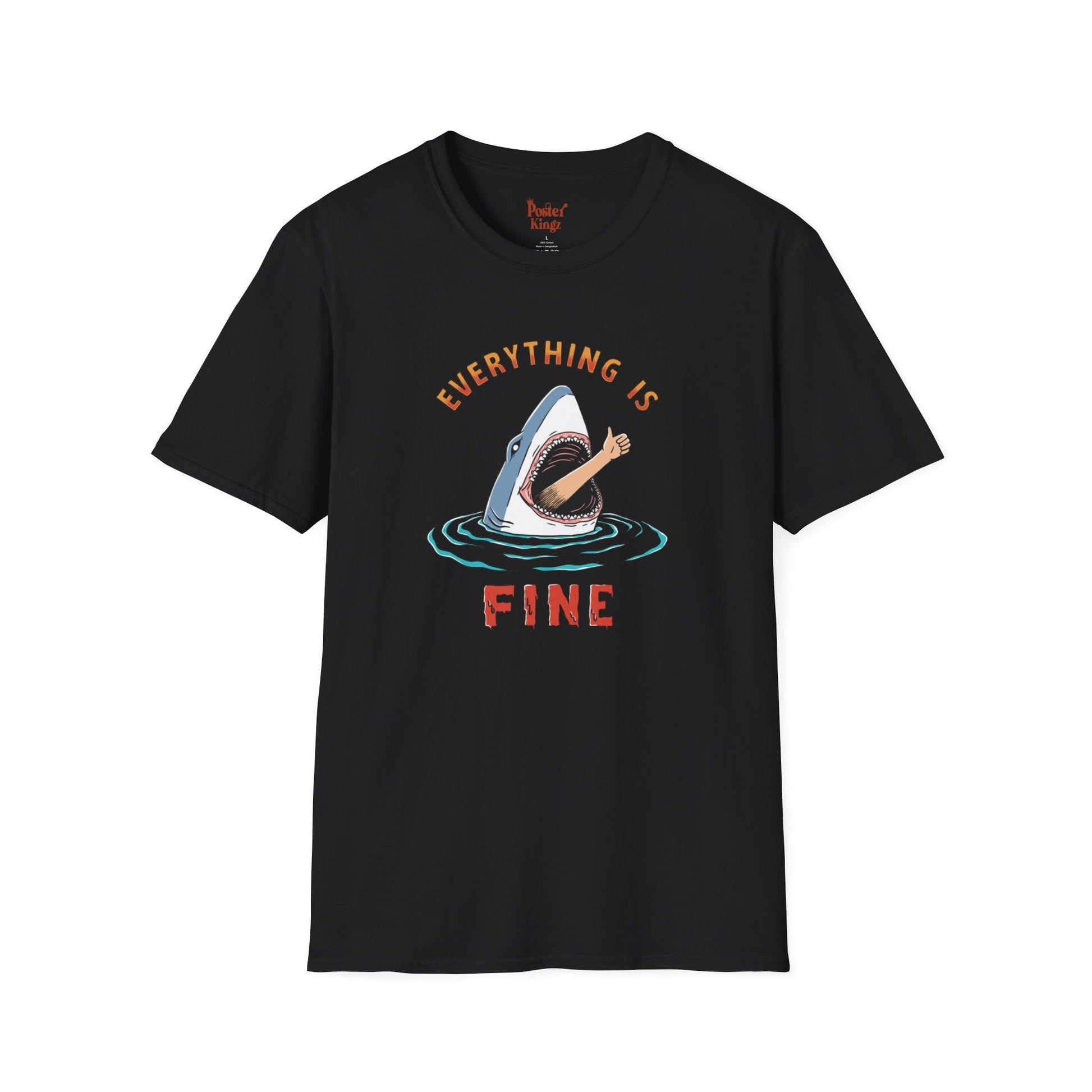 Black t-shirt with Everything Is Fine Dark Humour Shark
